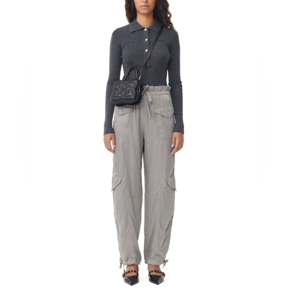 GANNI NWOT Frost Grey Washed Satin Trousers Relaxed Fit Size 2 Women's